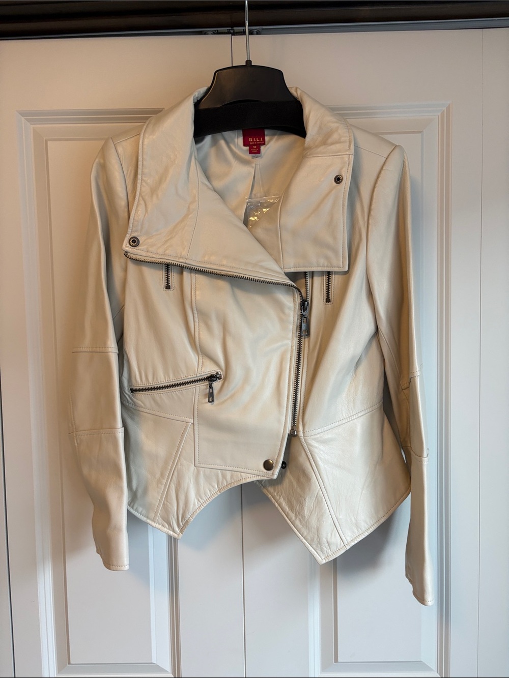G.I.L.I. Cream Leather Asymmetrical Zip Jacket